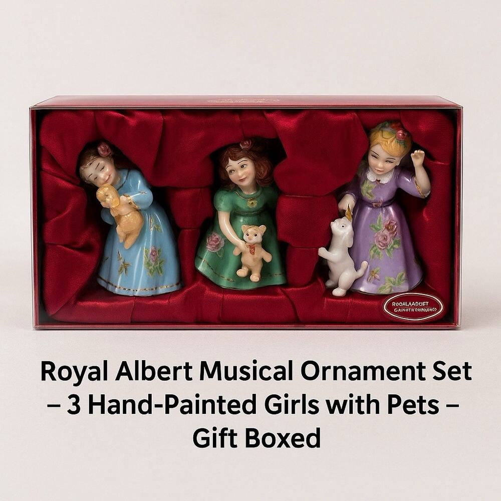 Royal Albert Musical Ornament Set – 3 Hand-Painted Girls with Pets – Gift Boxed